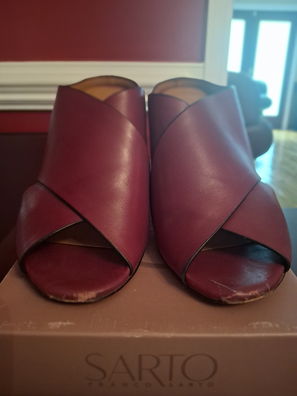 SARTO By Franco Sarto Wine Red Leather Peep-Toe Mules